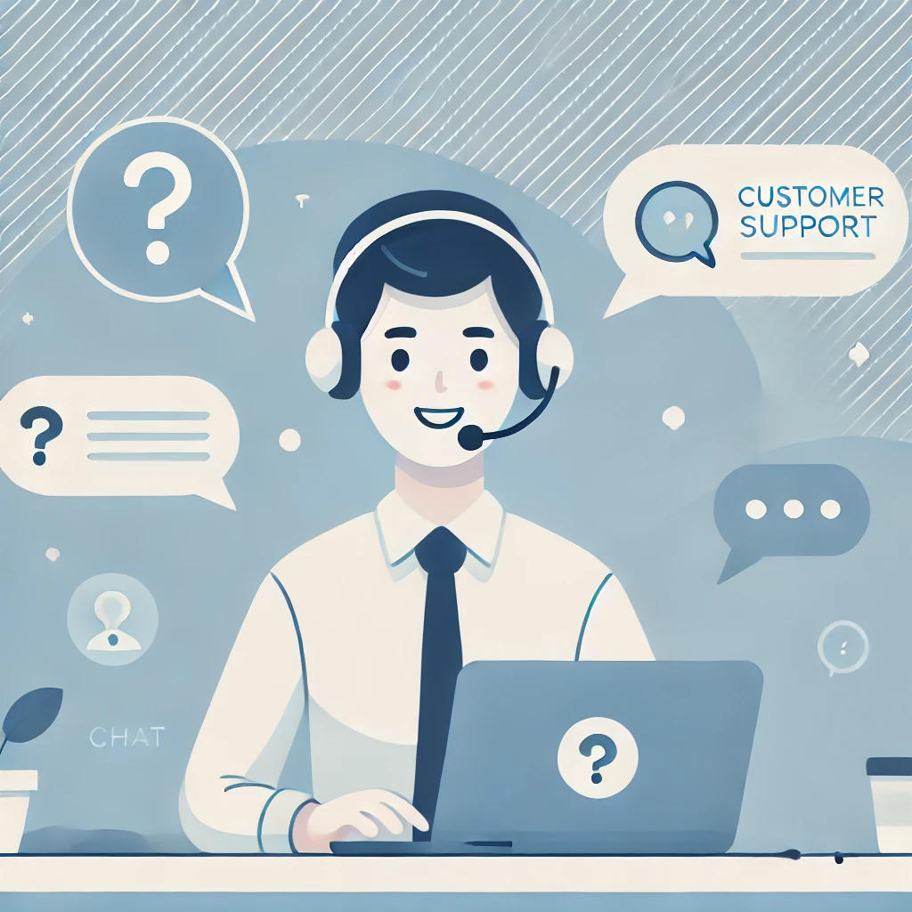 DALL·E 2025-02-27 16.21.56 – A modern, minimalistic illustration of a customer support concept. The image features a friendly support representative wearing a headset, sitting at