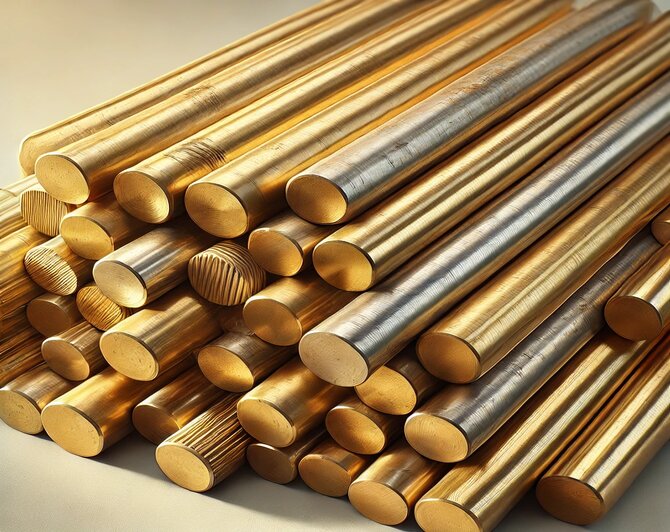 DALL·E 2025-03-19 17.40.41 – A high-quality image of brass scrap rods stacked together. The rods have a golden-yellow metallic sheen with a slightly rough industrial texture. Some